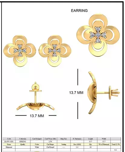Golden Flower Shaped Eartops With Diamonds 