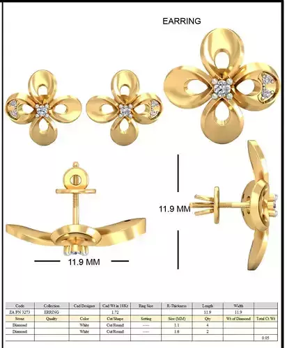 Golden Flower Shaped Eartops With Diamonds  1