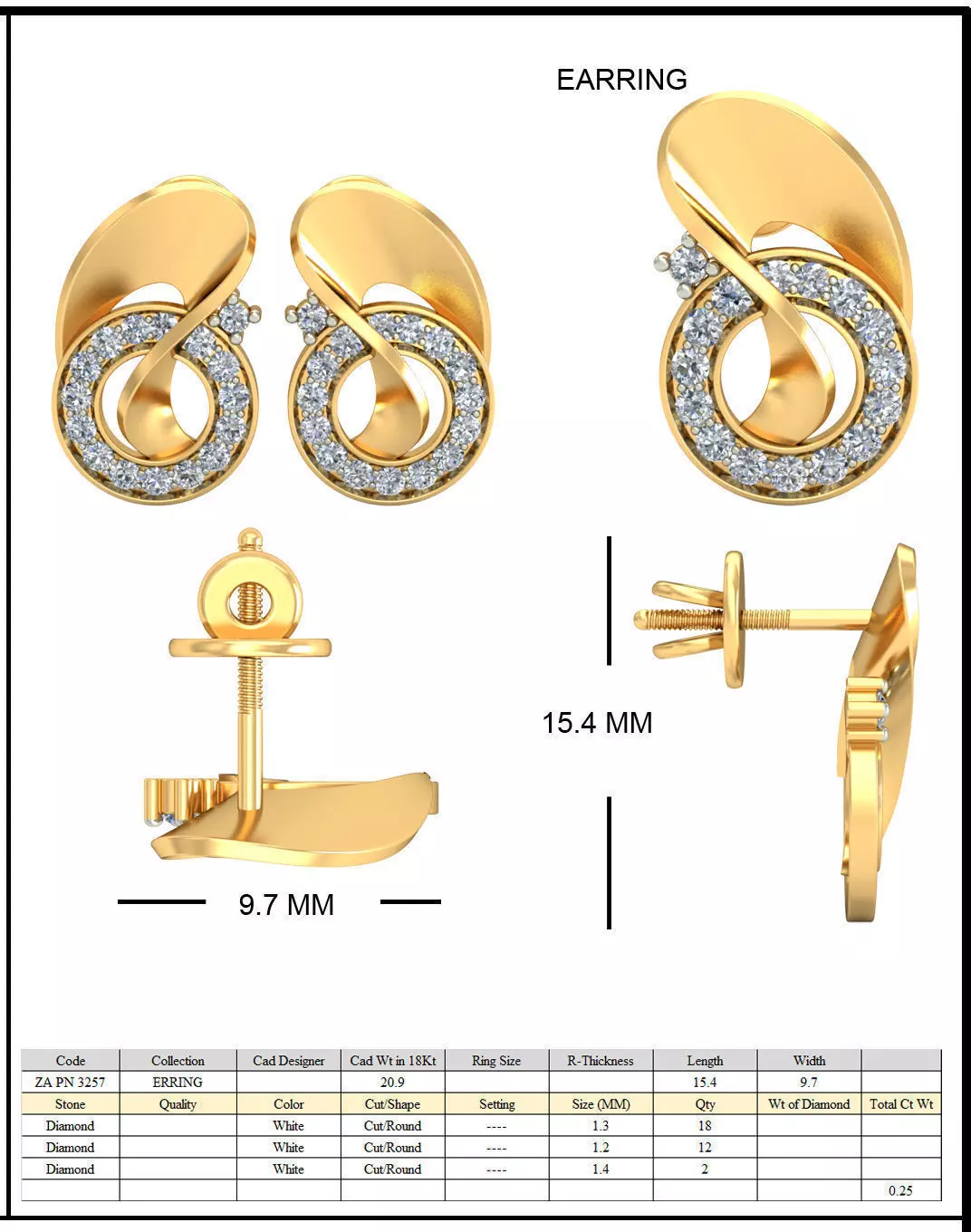 Golden Eartops With Diamonds  24 3D print model_0