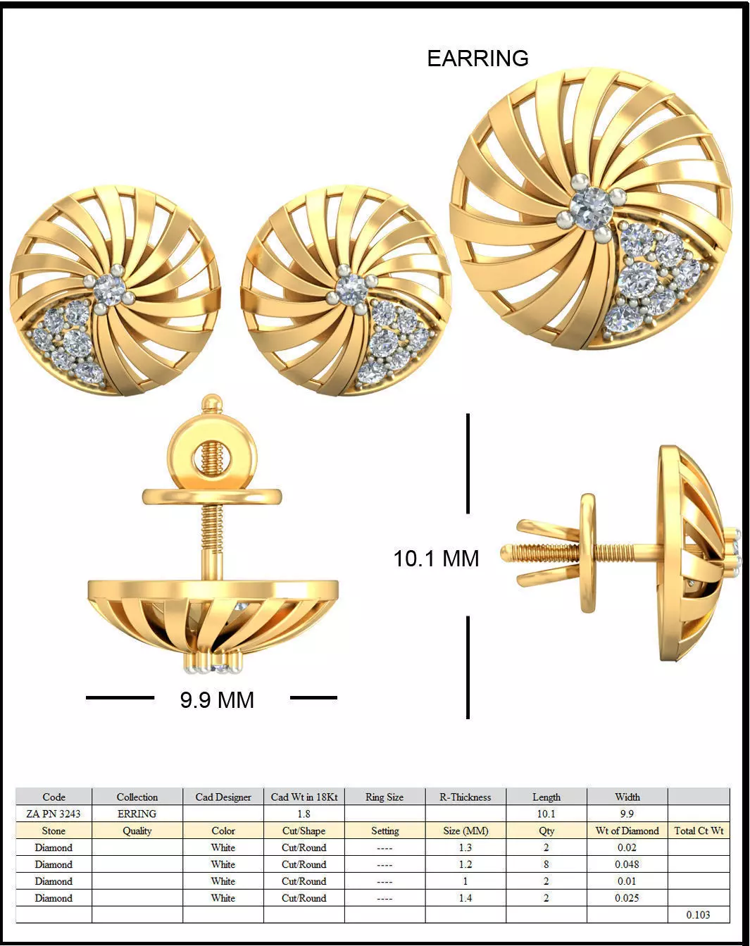 Golden Round Eartops With Diamonds  3D print model_0