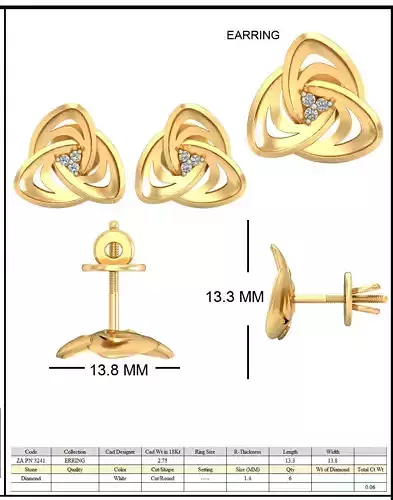 Golden Flower Shaped Eartops With Diamonds  3