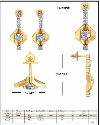 Golden Drop Earrings With Diamonds  2 3D print model