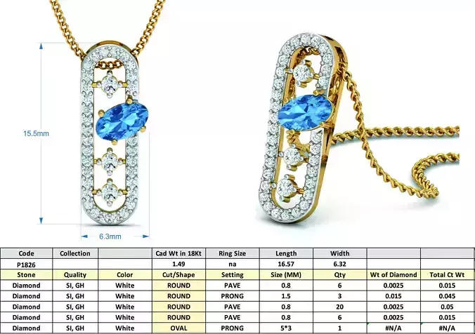 Capsule Shaped Pendant With Gemstone 3D print model