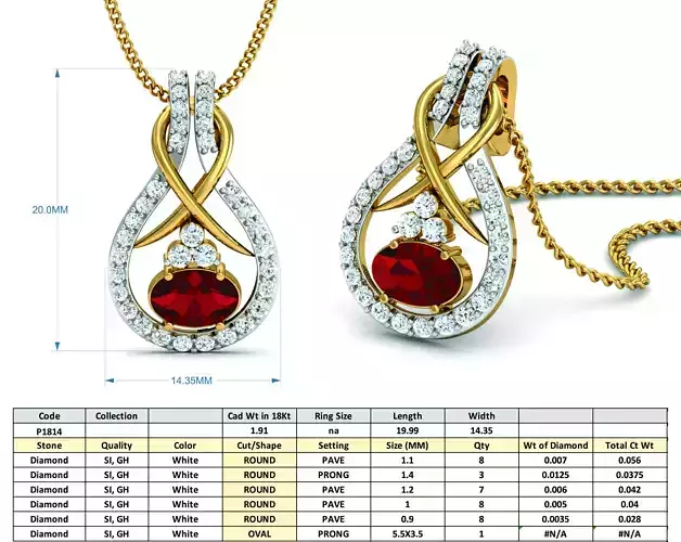 Drop Shape Diamond Pendant with Ruby 3D print model