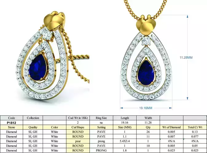 Drop Shape Halo Pendant with Sapphire 3D print model
