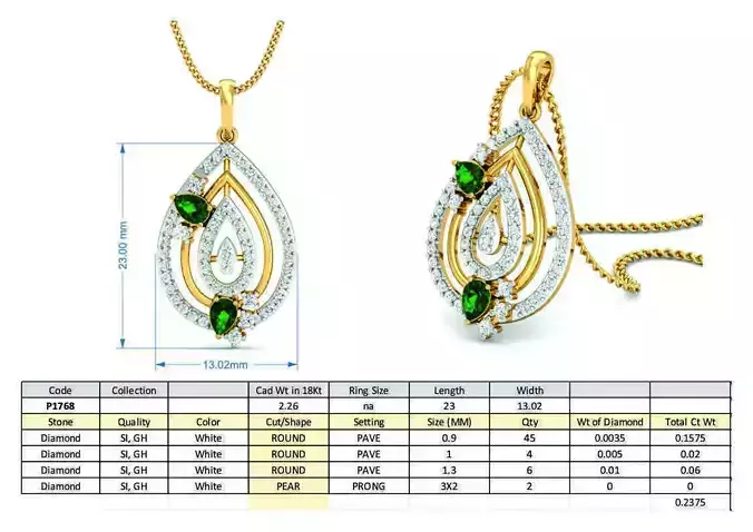 Drop Shape Golden Pendant with Emerald 3D print model