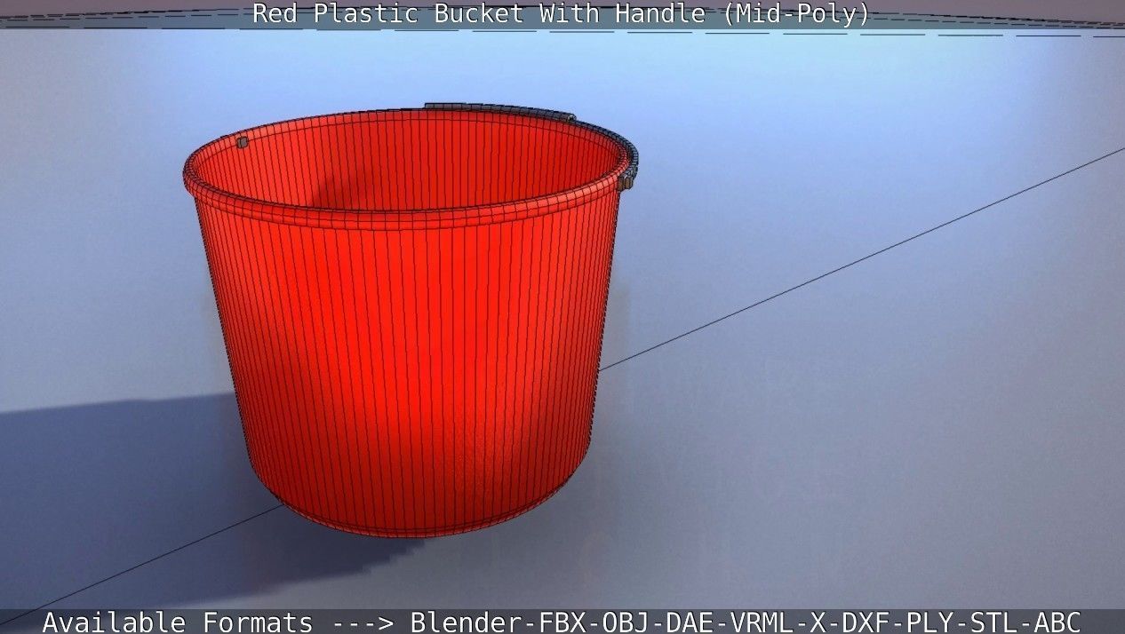 Red Plastic Bucket With Handle - Mid-Poly   Low-poly 3D model_61