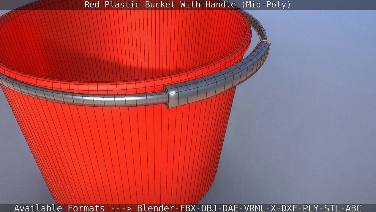 Red Plastic Bucket With Handle - Mid-Poly   Low-poly 3D model_40