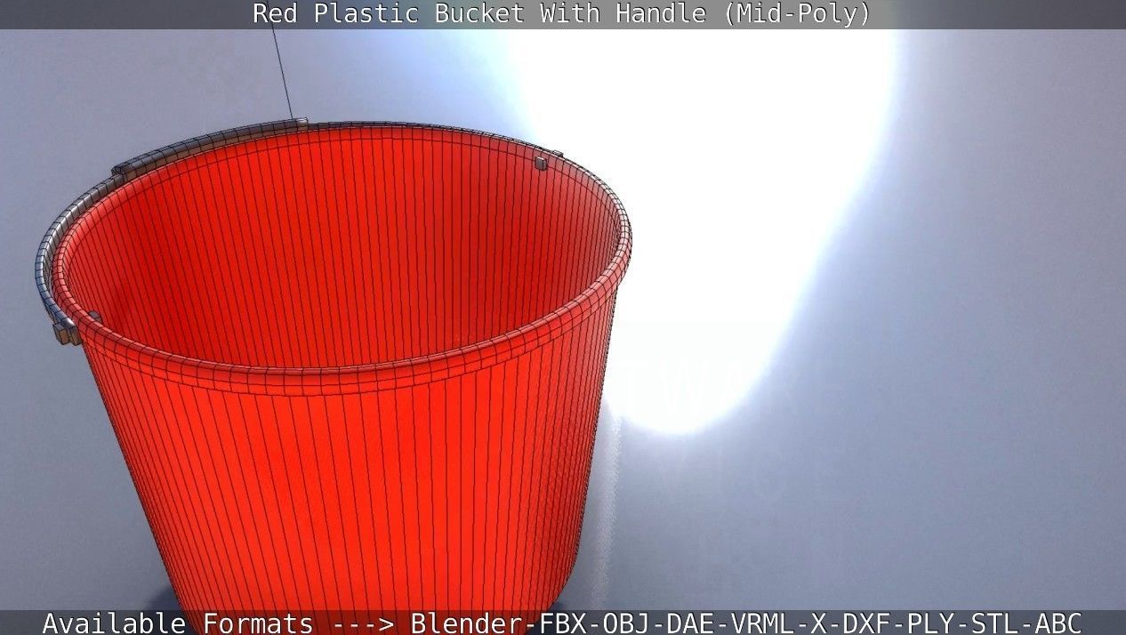 Red Plastic Bucket With Handle - Mid-Poly   Low-poly 3D model_59