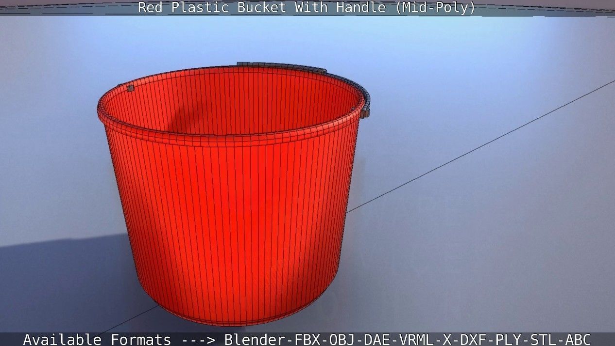 Red Plastic Bucket With Handle - Mid-Poly   Low-poly 3D model_60