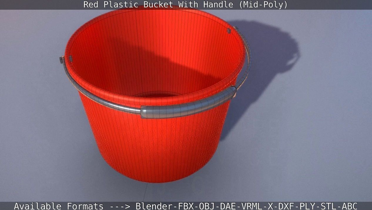 Red Plastic Bucket With Handle - Mid-Poly   Low-poly 3D model_37