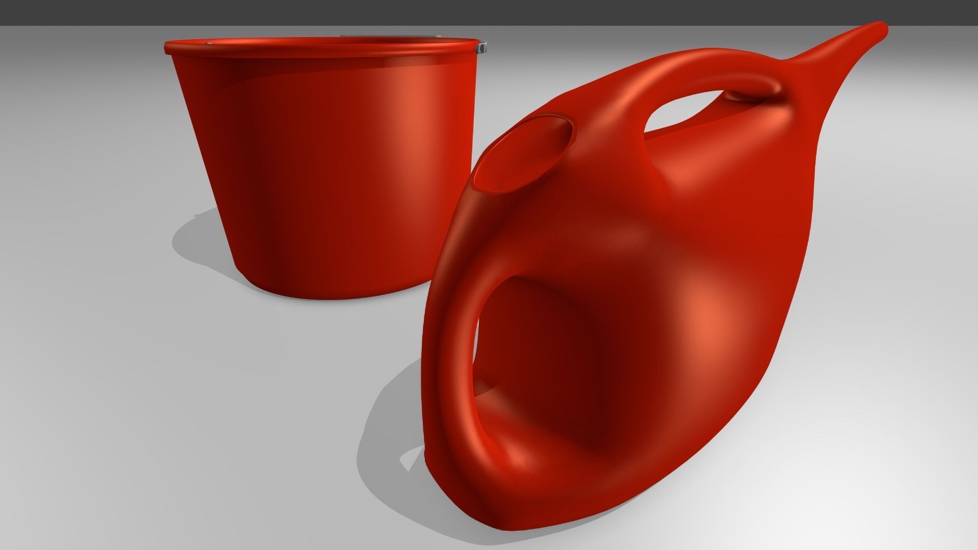 Red Bucket and  Watering Can Low-poly 3D model_5