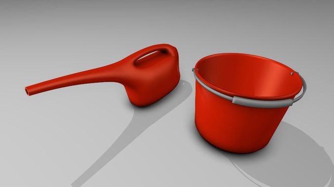 Red Bucket and  Watering Can Low-poly 3D model