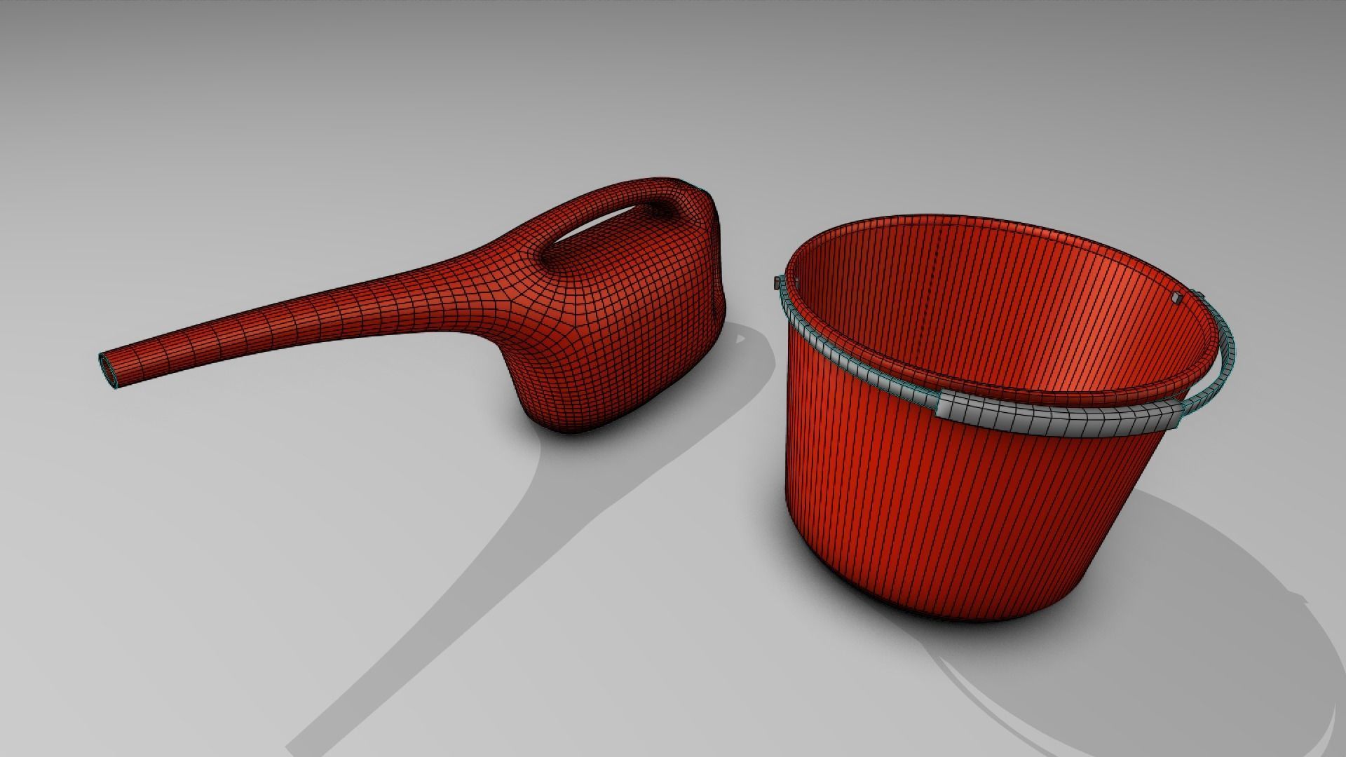 Red Bucket and  Watering Can Low-poly 3D model_4