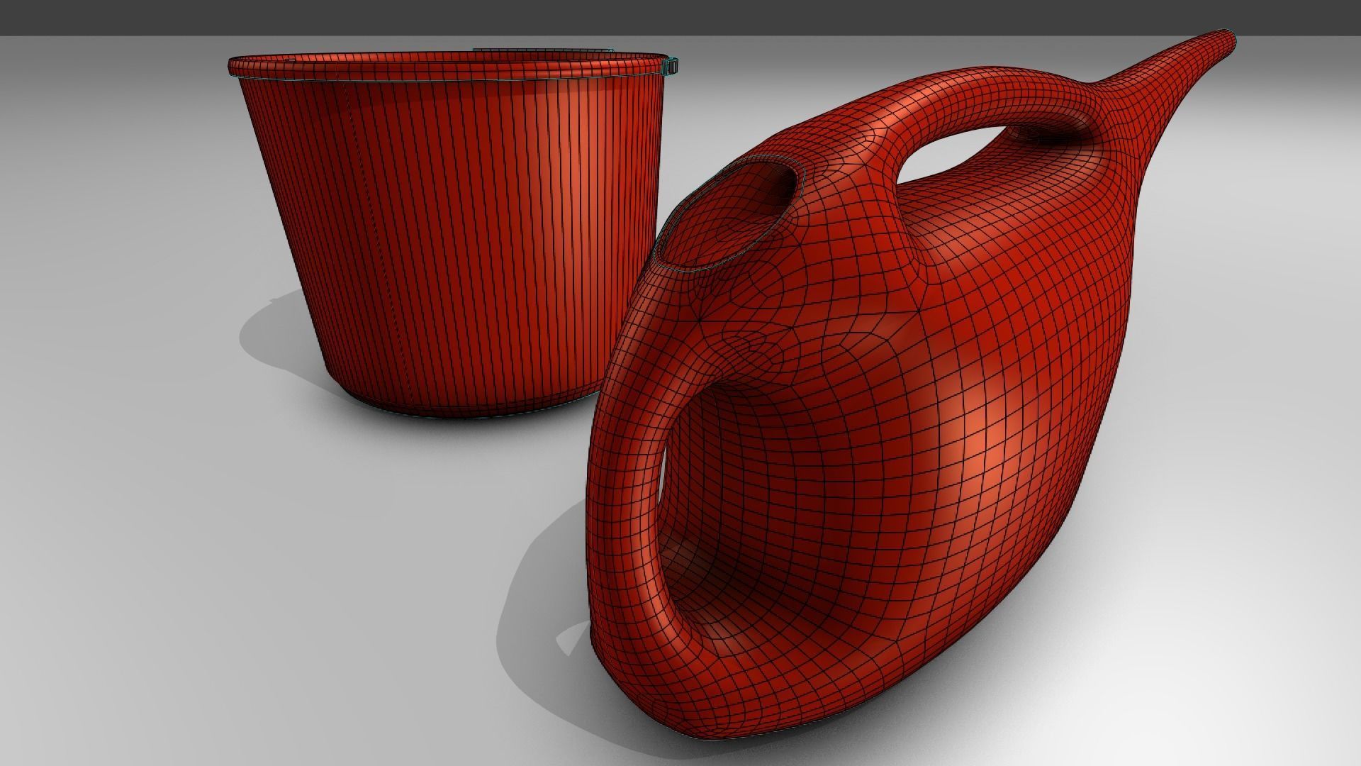 Red Bucket and  Watering Can Low-poly 3D model_6