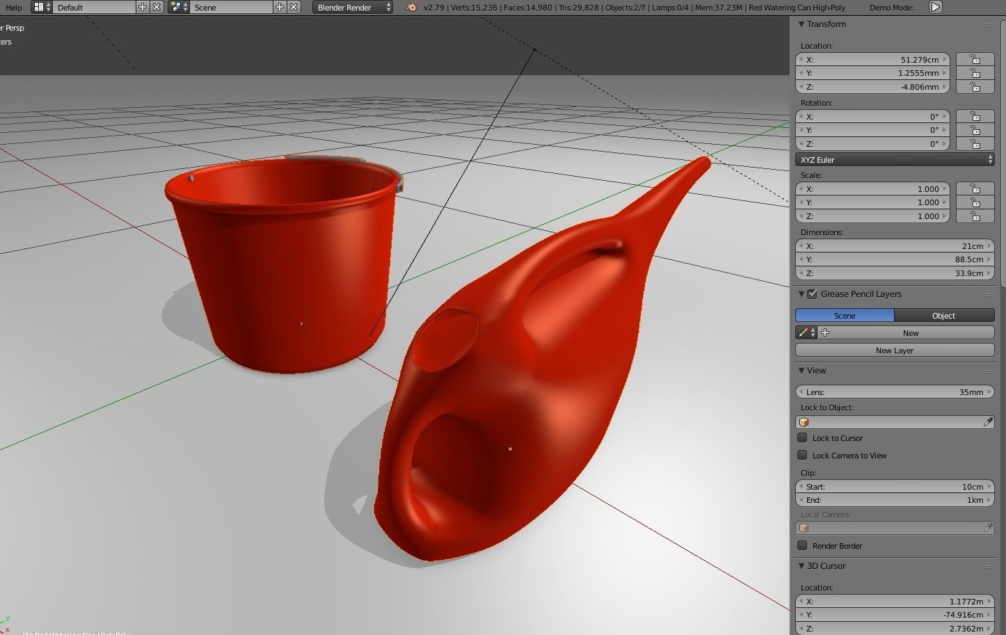 Red Bucket and  Watering Can Low-poly 3D model_2