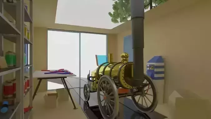 Steam cartoon locomotive in a glazed garage