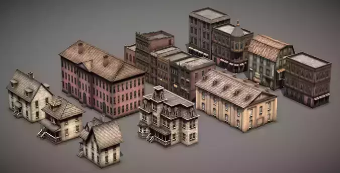 Victorian Old Style Low Poly Buildings Collection Low-poly 3D model