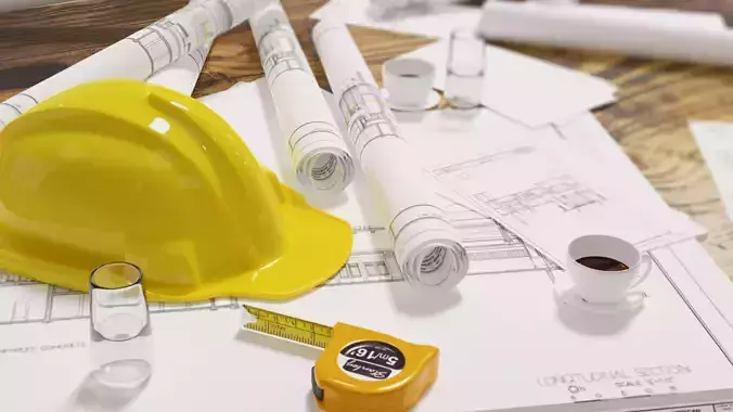 artchitectural scene includes contruction helment tape measure 