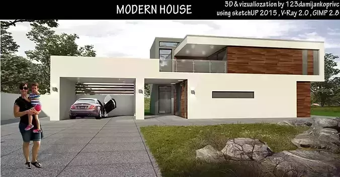 modern house with pool and outdoor kitchen 3dmodel