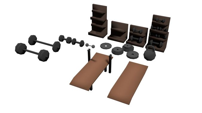 Low Poly Gym Pack Weights Barbel Bench Train workout room Low-poly 3D model