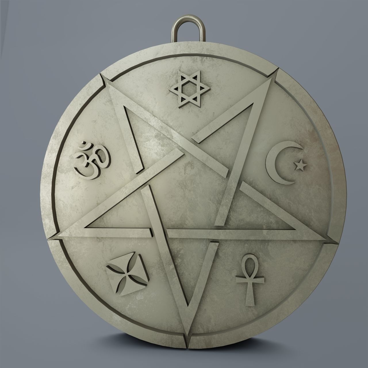 Medallion with inverted pentagram and other symbols 3D print model_5