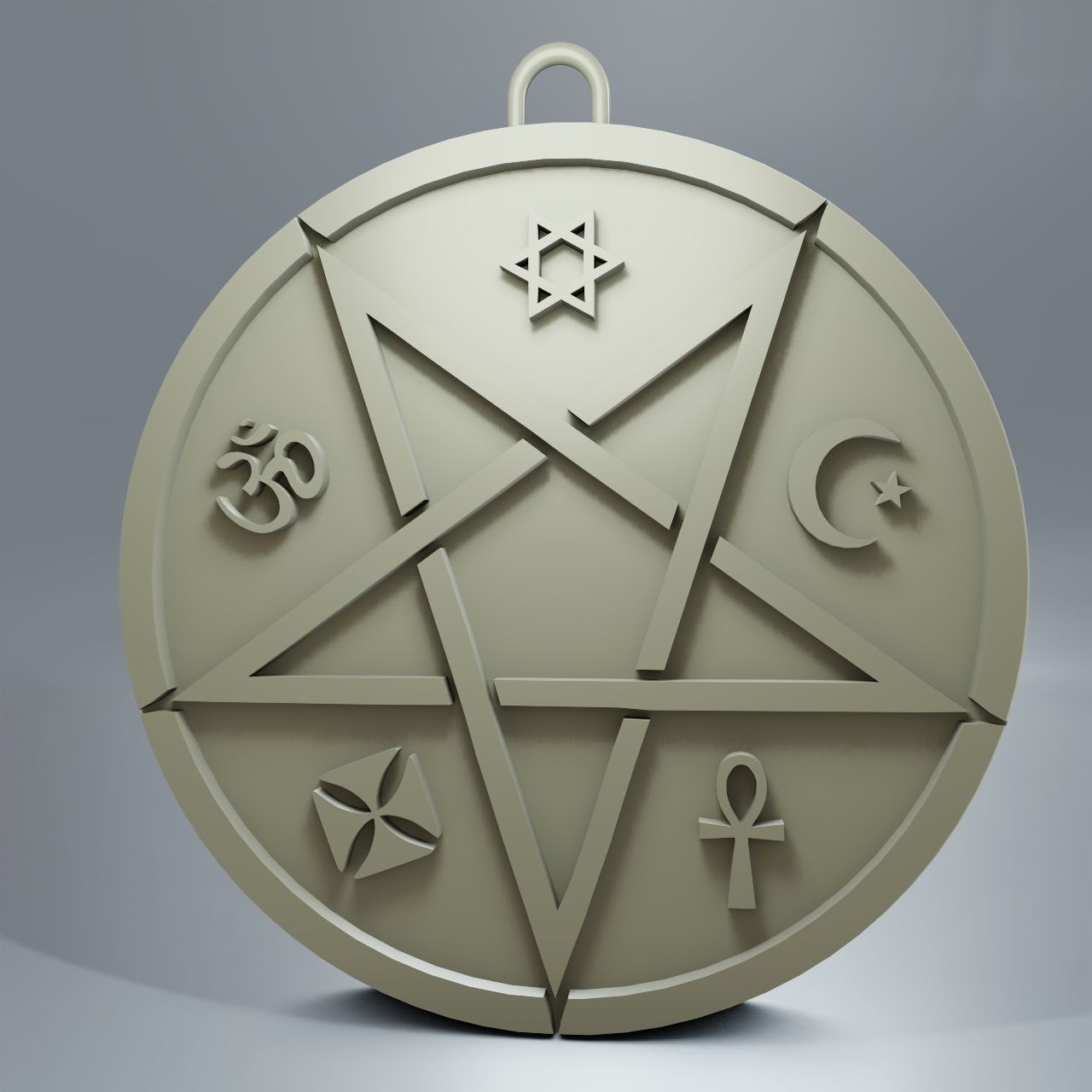 Medallion with inverted pentagram and other symbols 3D print model_3