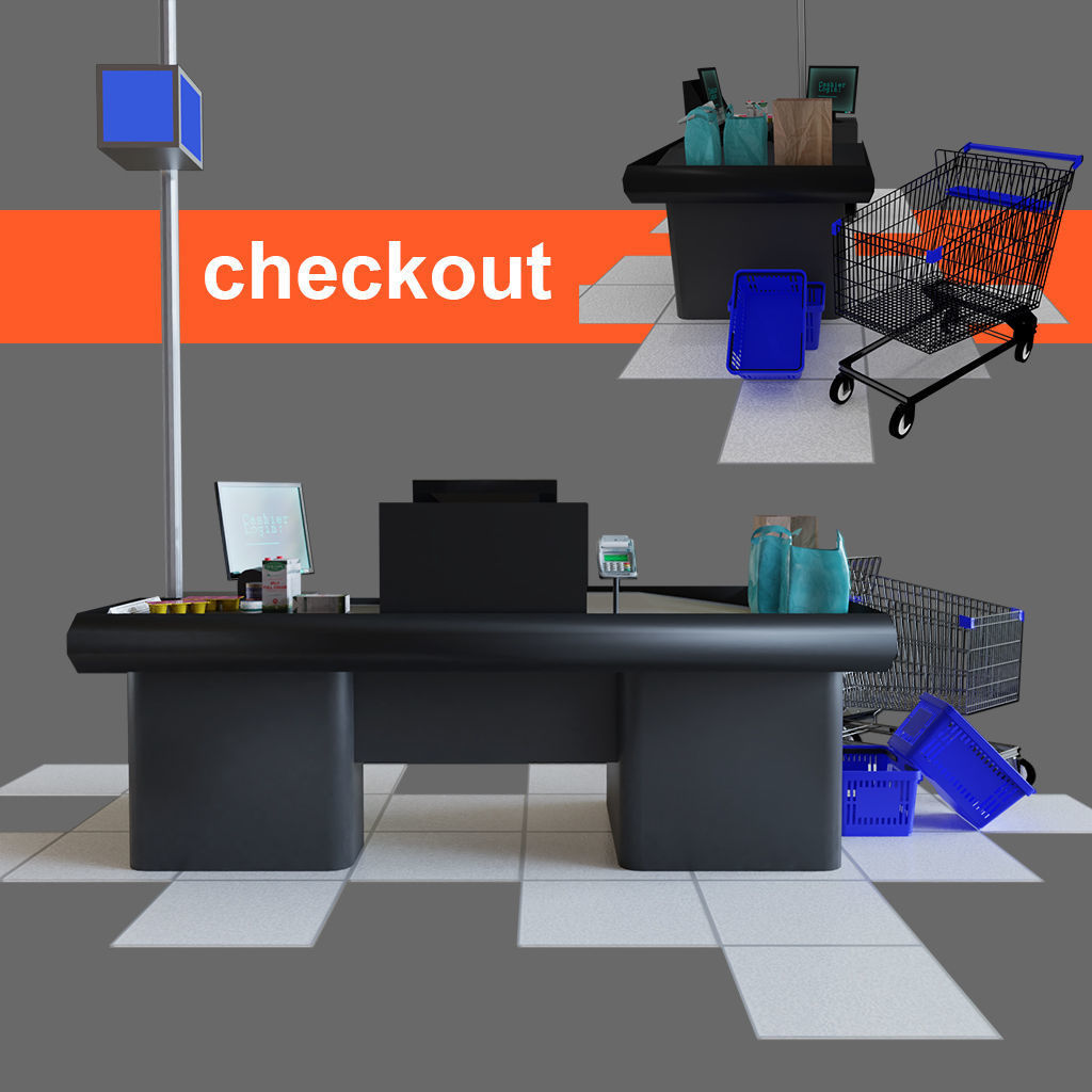 Checkout counter desk for grocer supermarket store 3D model_2