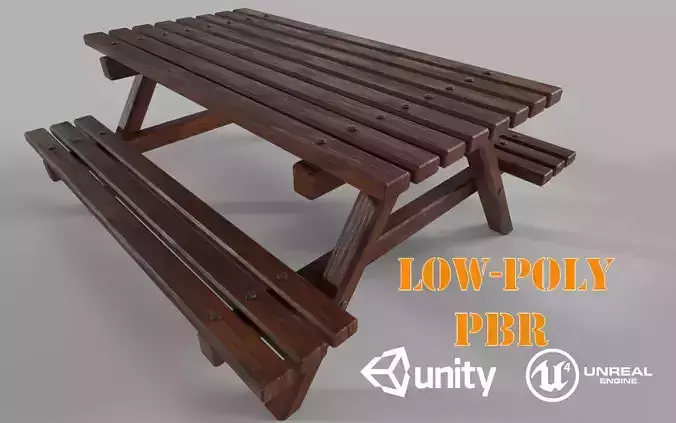 Wooden Picnic Table Low-Poly PBR Game Ready 3D Model Low-poly 3D model