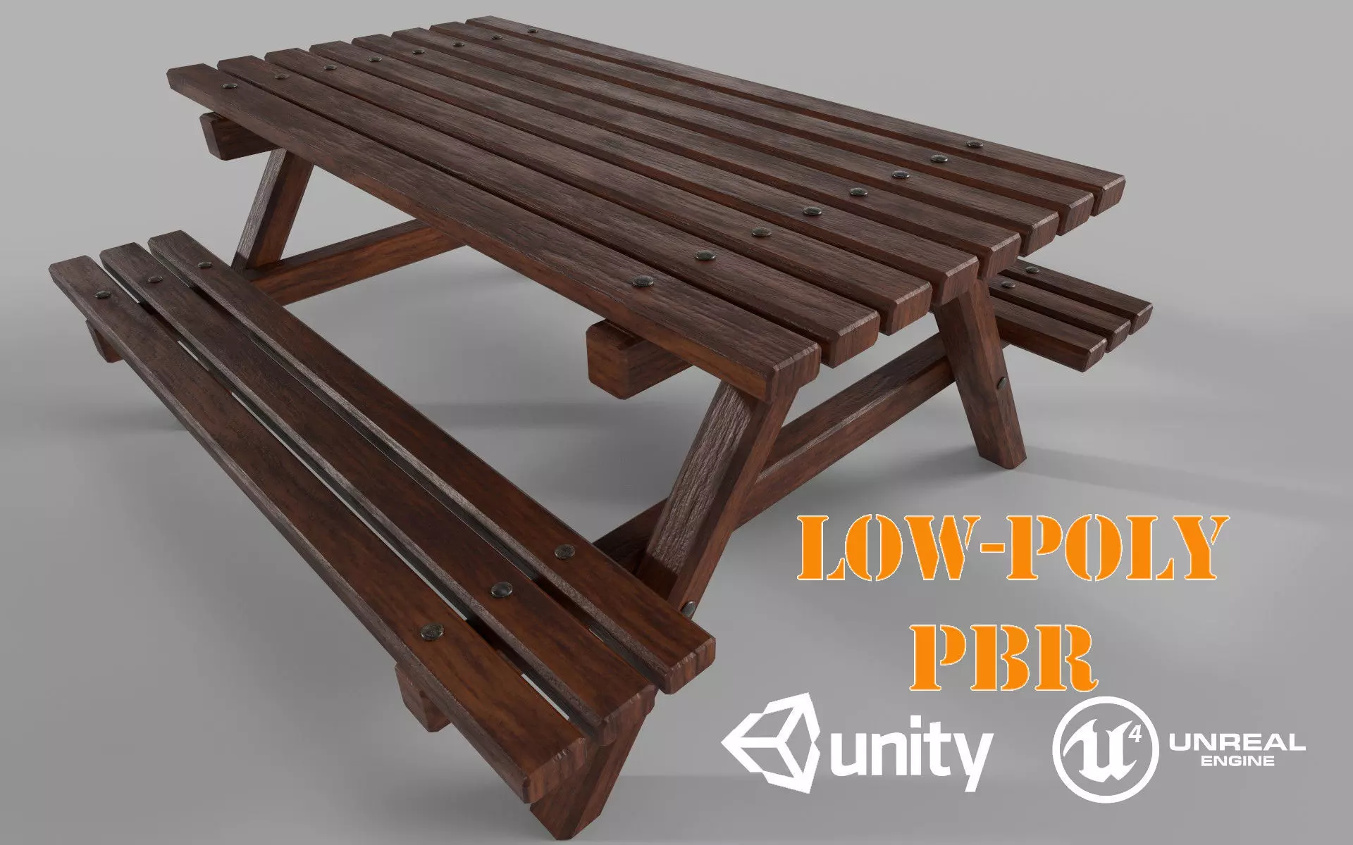 Wooden Picnic Table Low-Poly PBR Game Ready 3D Model Low-poly 3D model_0