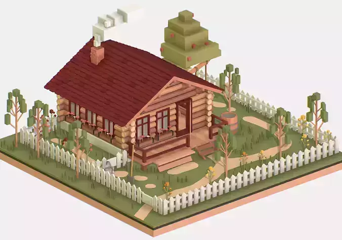 Isometric Village Wood Log House Cottage Garden Low-poly 3D model
