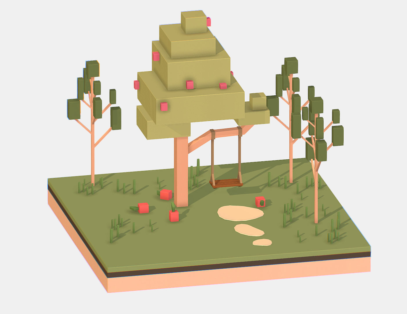 Isometric Apple Fruit Tree Rope Swing  Low-poly 3D model_4