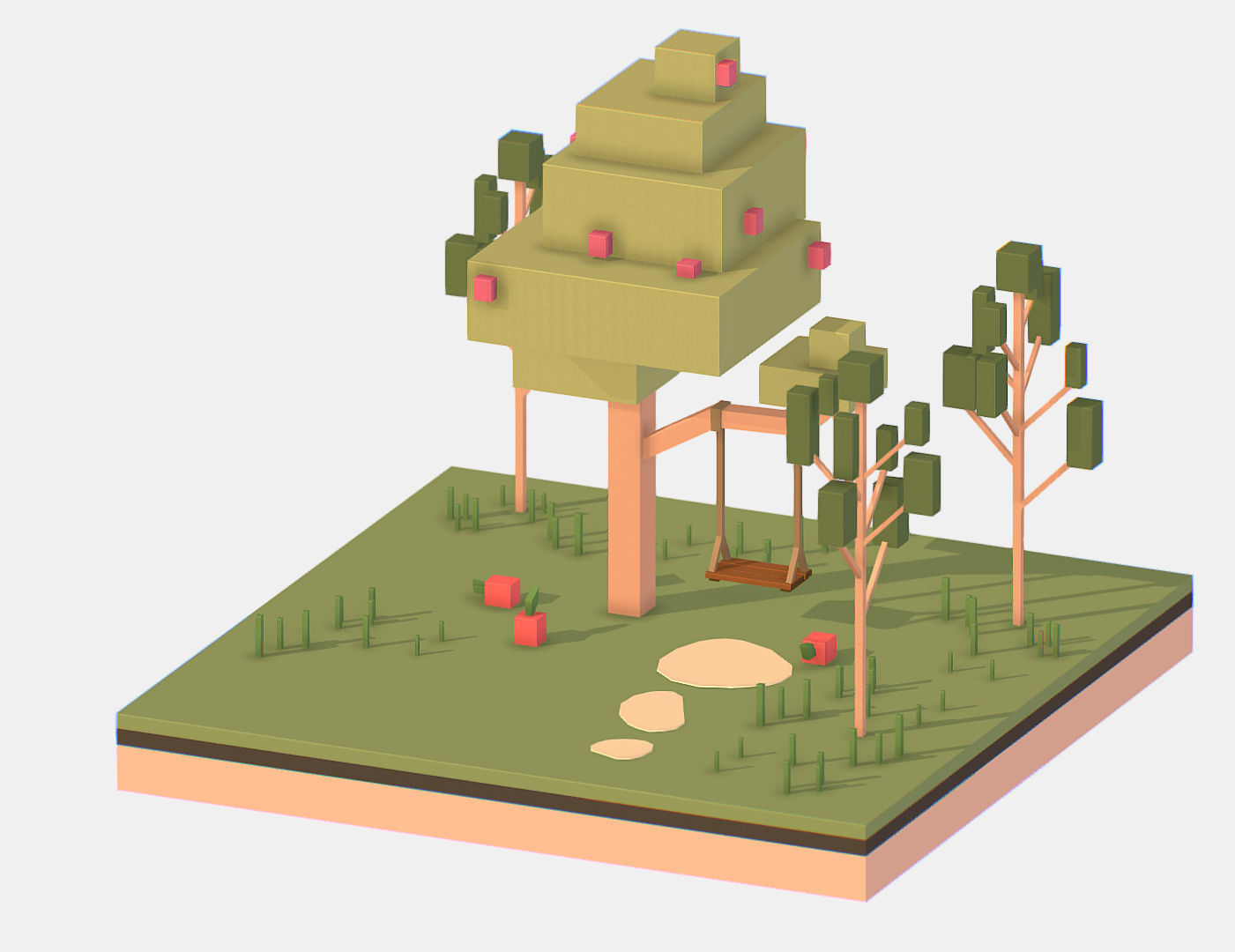 Isometric Apple Fruit Tree Rope Swing  Low-poly 3D model_5