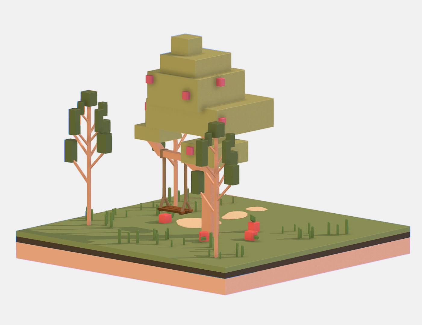 Isometric Apple Fruit Tree Rope Swing  Low-poly 3D model_9