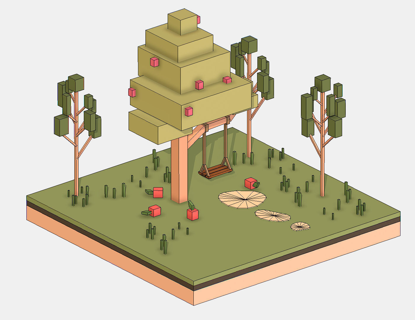 Isometric Apple Fruit Tree Rope Swing  Low-poly 3D model_17