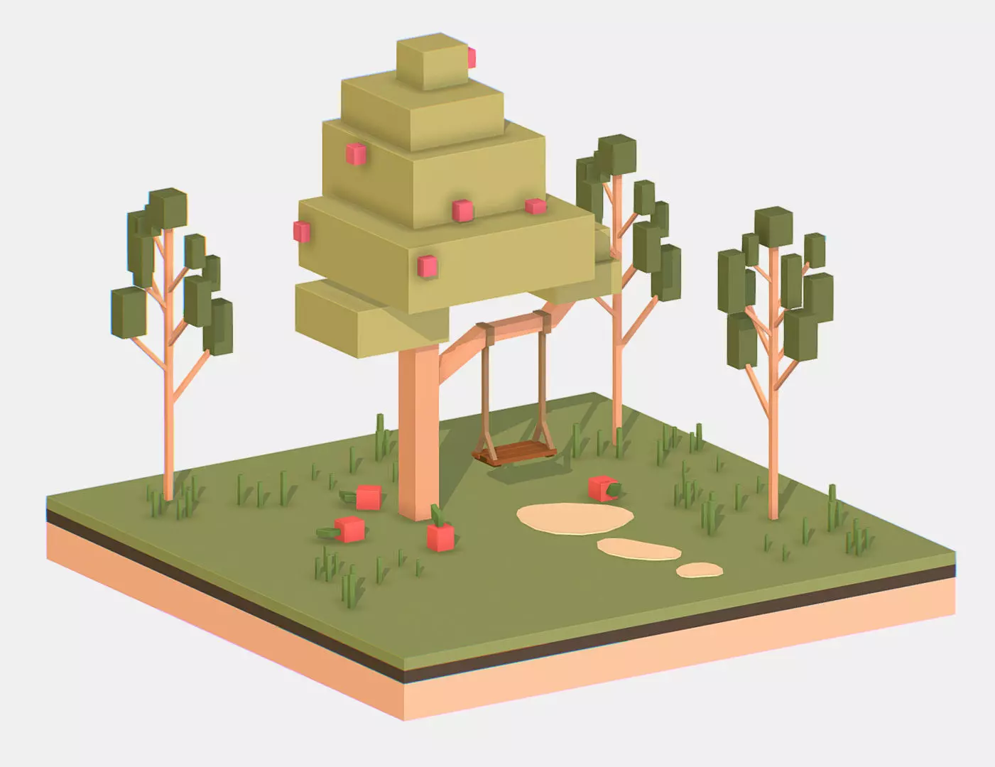 Isometric Apple Fruit Tree Rope Swing  Low-poly 3D model_0