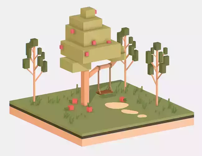 Isometric Apple Fruit Tree Rope Swing 