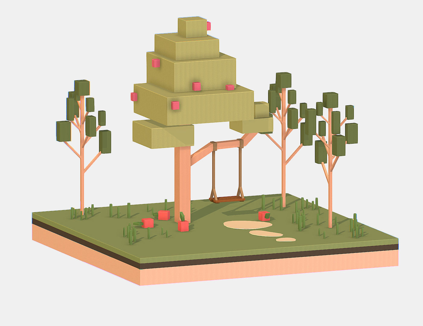Isometric Apple Fruit Tree Rope Swing  Low-poly 3D model_12