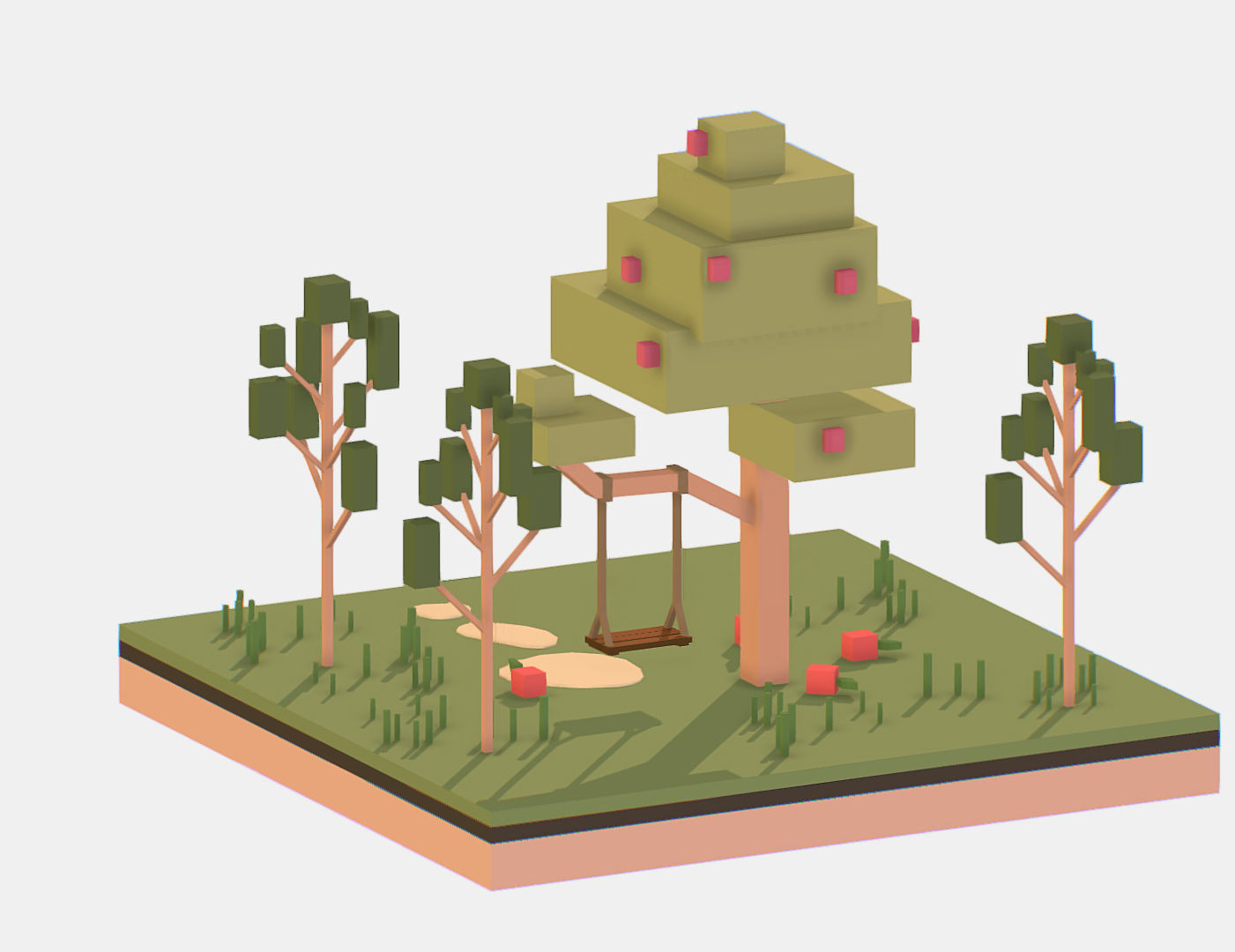 Isometric Apple Fruit Tree Rope Swing  Low-poly 3D model_7