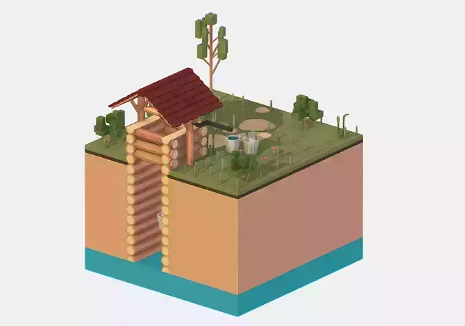 Isometric European Village Well Draw-Well Low-poly 3D model