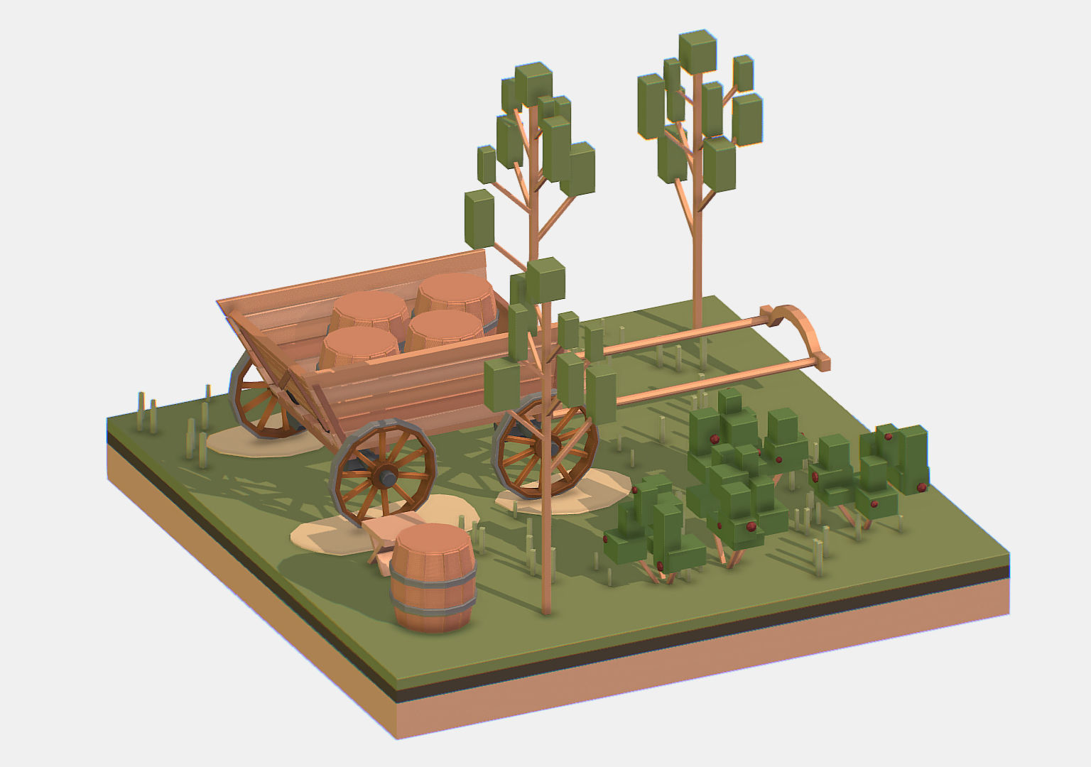 Isometric Village Wood Cart Barrel  Low-poly 3D model_3