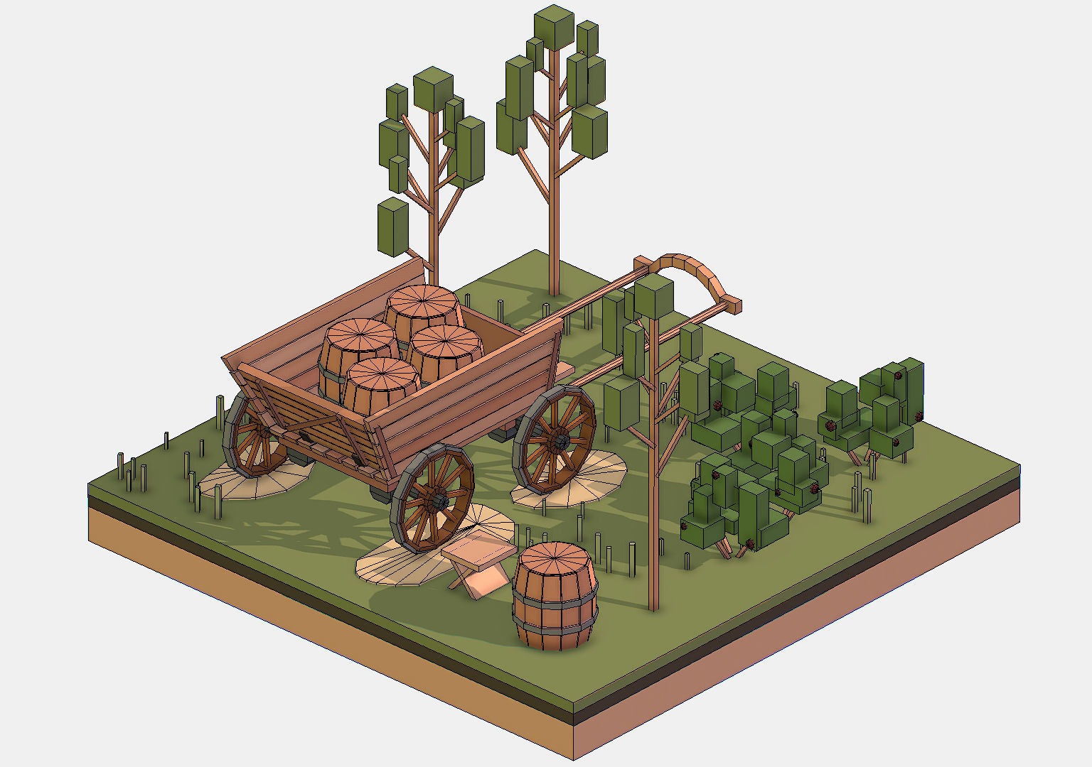 Isometric Village Wood Cart Barrel  Low-poly 3D model_19