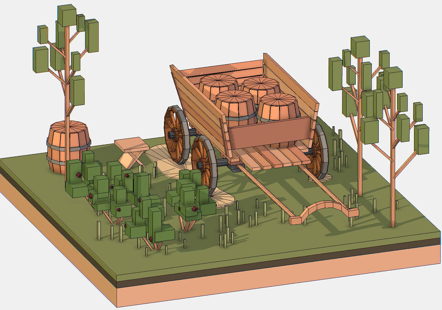 Isometric Village Wood Cart Barrel  Low-poly 3D model_23