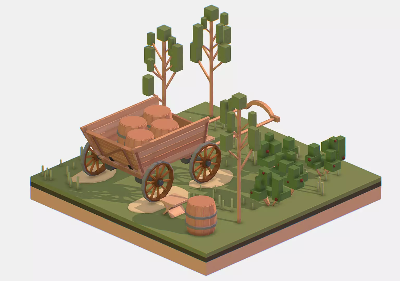 Isometric Village Wood Cart Barrel  Low-poly 3D model_0