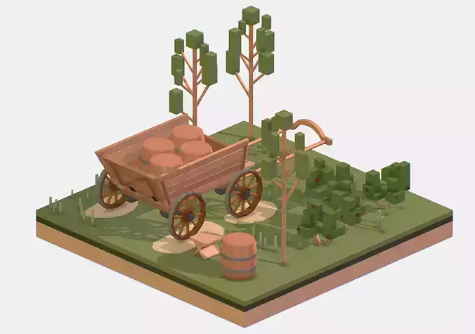 Isometric Village Wood Cart Barrel 