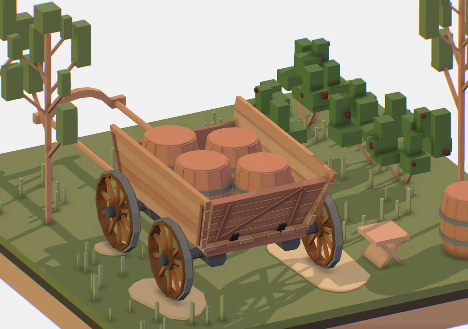 Isometric Village Wood Cart Barrel  Low-poly 3D model_16