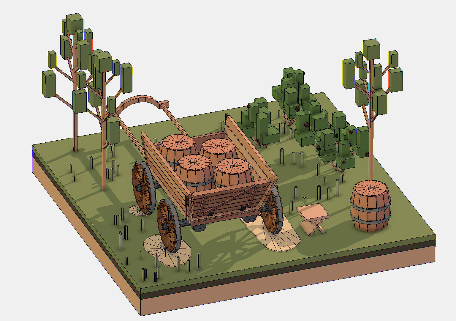 Isometric Village Wood Cart Barrel  Low-poly 3D model_31