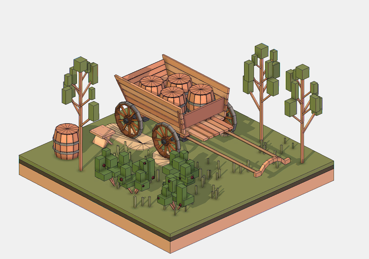 Isometric Village Wood Cart Barrel  Low-poly 3D model_22