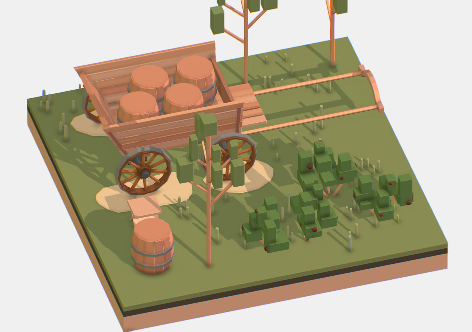 Isometric Village Wood Cart Barrel  Low-poly 3D model_17