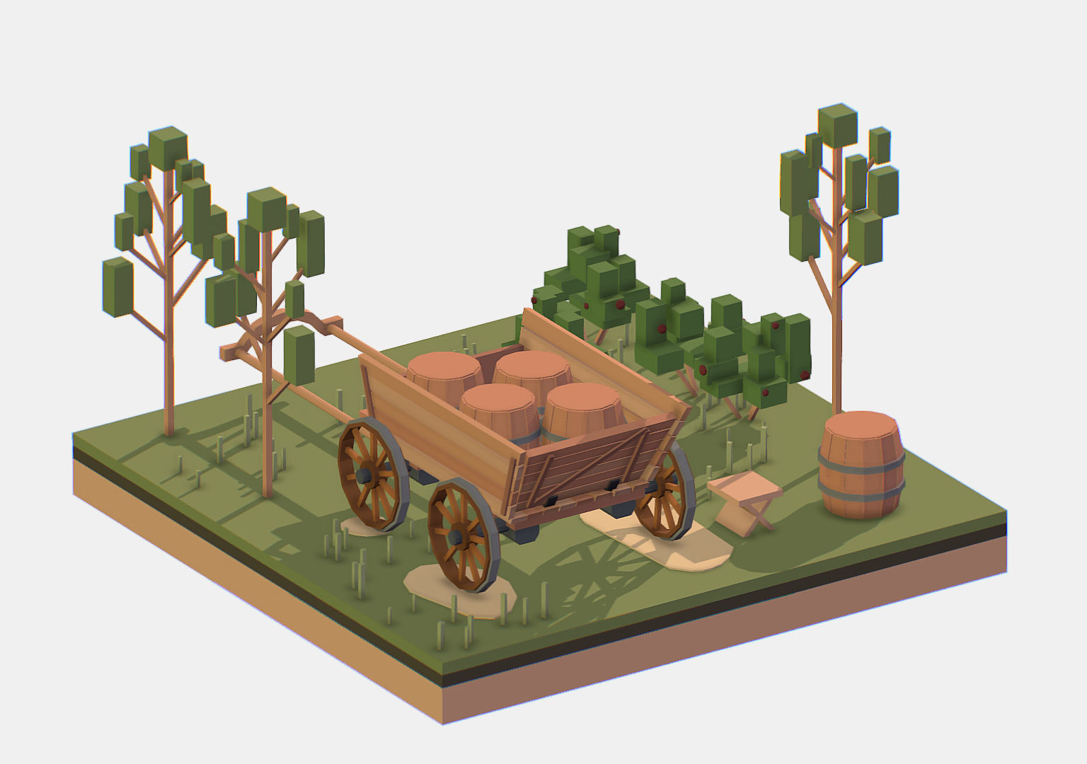 Isometric Village Wood Cart Barrel  Low-poly 3D model_13
